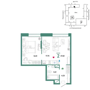 Планировка 2-комн. квартира, 37.6 м² ЖК «Юнион»
