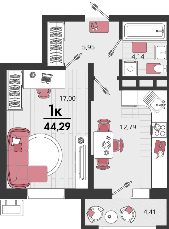 Планировка 1-комн. квартира, 44.29 м² ЖК «Родные просторы»