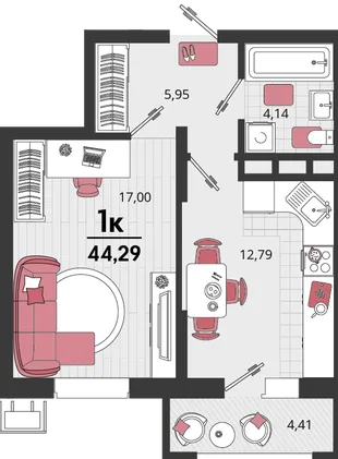 Планировка 1-комн. квартира, 44.29 м² ЖК «Родные просторы»