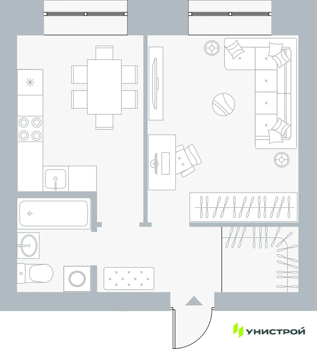 Планировка 1-комн. квартира, 38.3 м² ЖК «Причал»