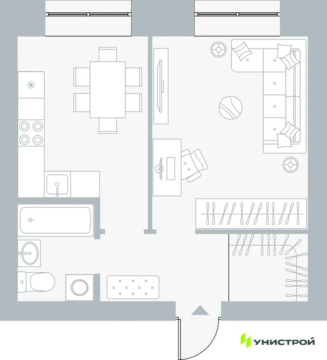 Планировка 1-комн. квартира, 38.3 м² ЖК «Причал»