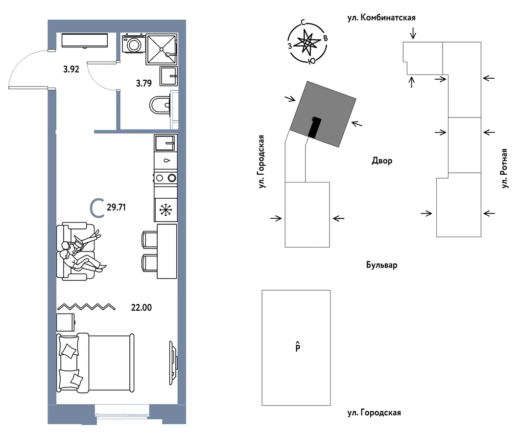 Планировка Студия, 29.71 м² ЖК «Уральский сад»