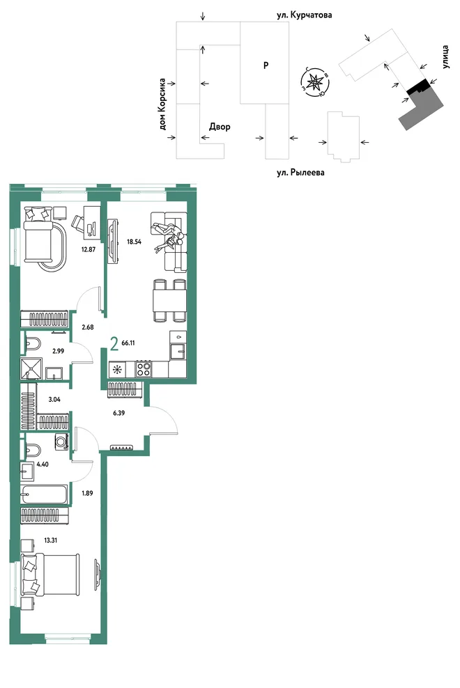 Планировка 2-комн. квартира, 66.55 м² ЖК «Остров-сад» Планировка 2-комн. квартира, 66.55 м² ЖК «Остров-сад»