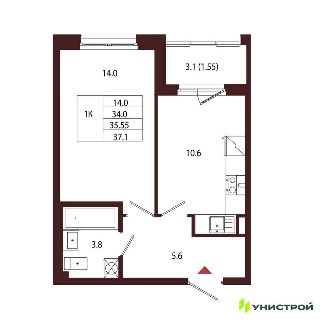 Планировка 1-комн. квартира, 35.55 м² ЖК «Лисино»
