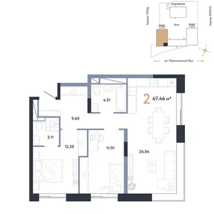 Планировка 2-комн. квартира, 67.46 м² ЖК «Репаблик»