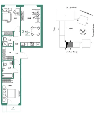 Планировка 2-комн. квартира, 66.89 м² ЖК «Сердце Сибири»