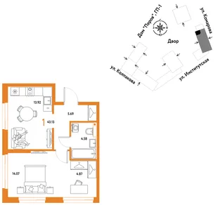 Планировка 1-комн. квартира, 43.13 м² ЖК «Страна.Парковая»