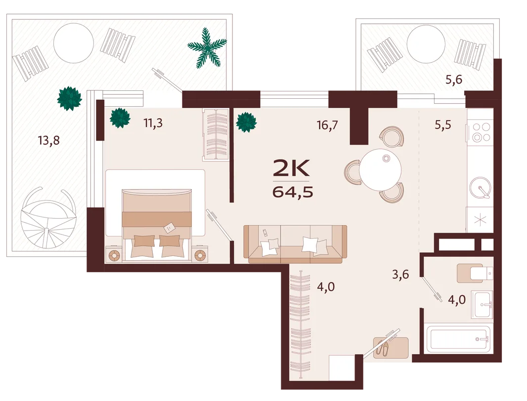Планировка 2-комн. квартира, 64.5 м² ЖК «Роялта»