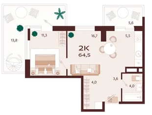 Планировка 2-комн. квартира, 64.5 м² ЖК «Роялта»