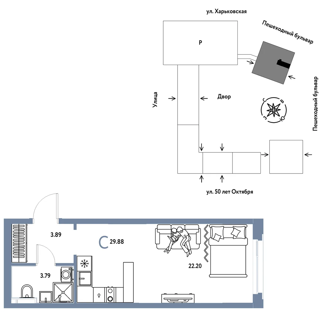 Планировка Студия, 29.88 м² ЖК «Сердце Сибири»