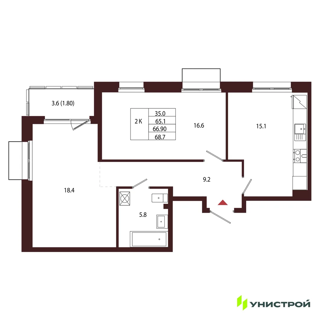 Планировка 2-комн. квартира, 66.9 м² ЖК «Лисино»
