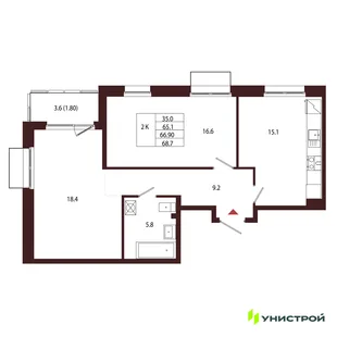 Планировка 2-комн. квартира, 66.9 м² ЖК «Лисино»