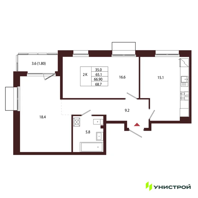 Планировка 2-комн. квартира, 66.9 м² ЖК «Лисино»