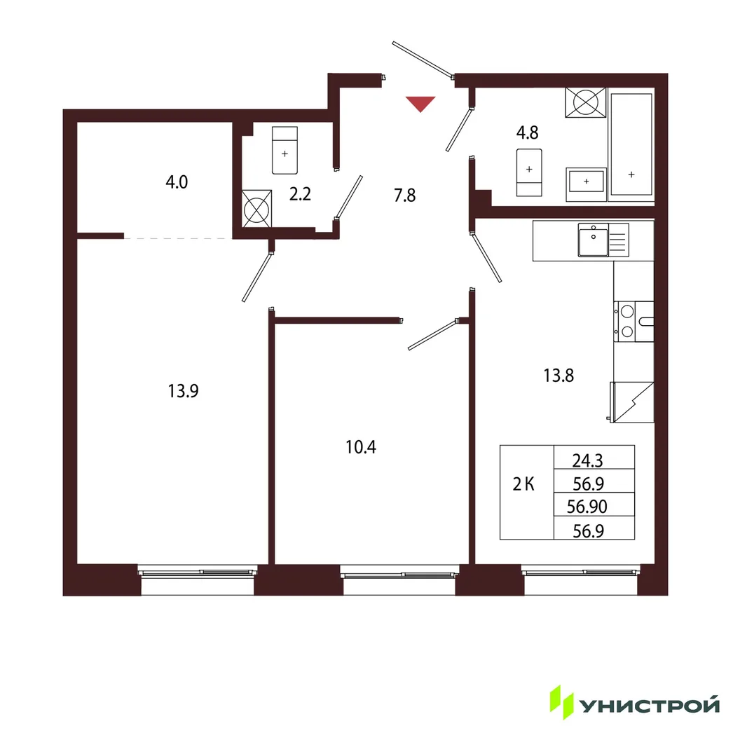 Планировка 2-комн. квартира, 56.9 м² ЖК «Лисино»