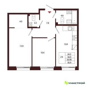 Планировка 2-комн. квартира, 56.9 м² ЖК «Лисино»