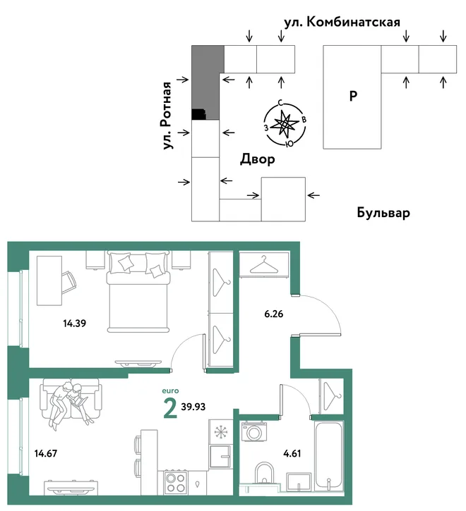 Планировка 2-комн. квартира, 39.93 м² ЖК «Уральский сад» Планировка 2-комн. квартира, 39.93 м² ЖК «Уральский сад»