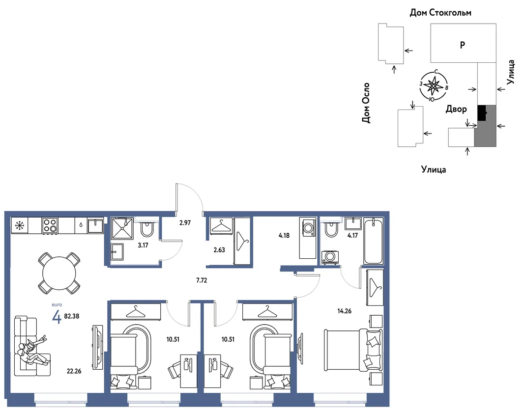 Планировка 4-комн. квартира, 82.38 м² ЖК «Европейский берег 2.0»