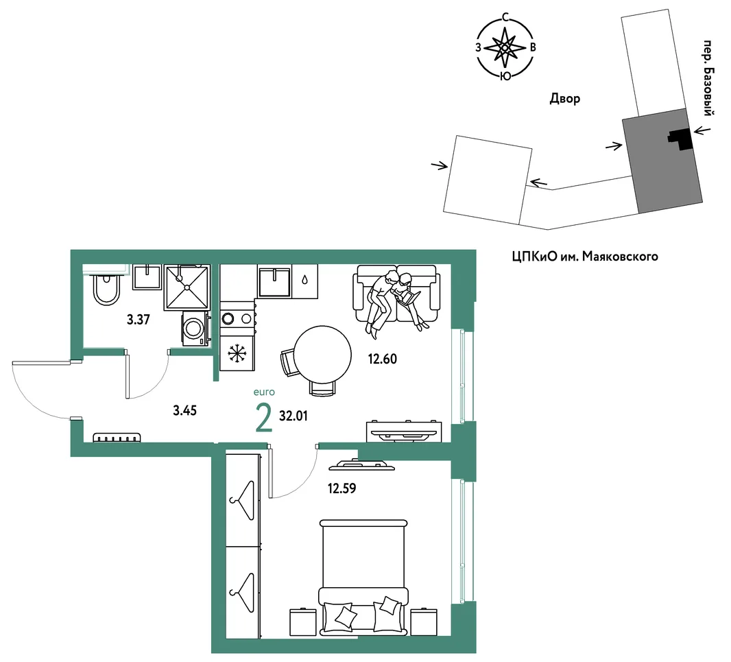 Планировка 2-комн. квартира, 32.01 м² ЖК «Сибирский сад»