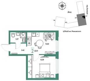Планировка 2-комн. квартира, 32.01 м² ЖК «Сибирский сад»