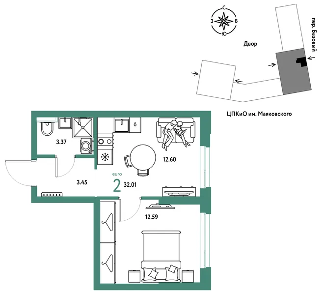 Планировка 2-комн. квартира, 32.01 м² ЖК «Сибирский сад» Планировка 2-комн. квартира, 32.01 м² ЖК «Сибирский сад»