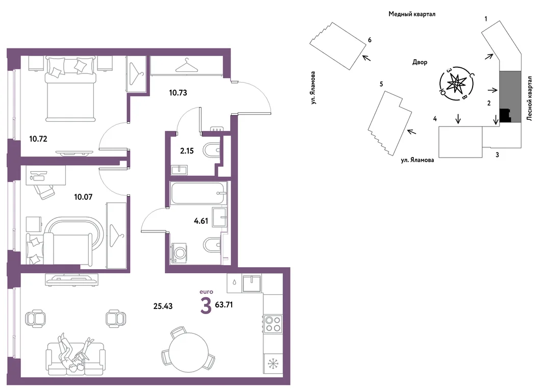 Планировка 3-комн. квартира, 63.71 м² ЖК «Сибирский сад»