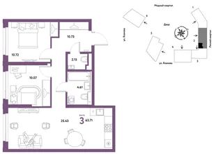 Планировка 3-комн. квартира, 63.71 м² ЖК «Сибирский сад»