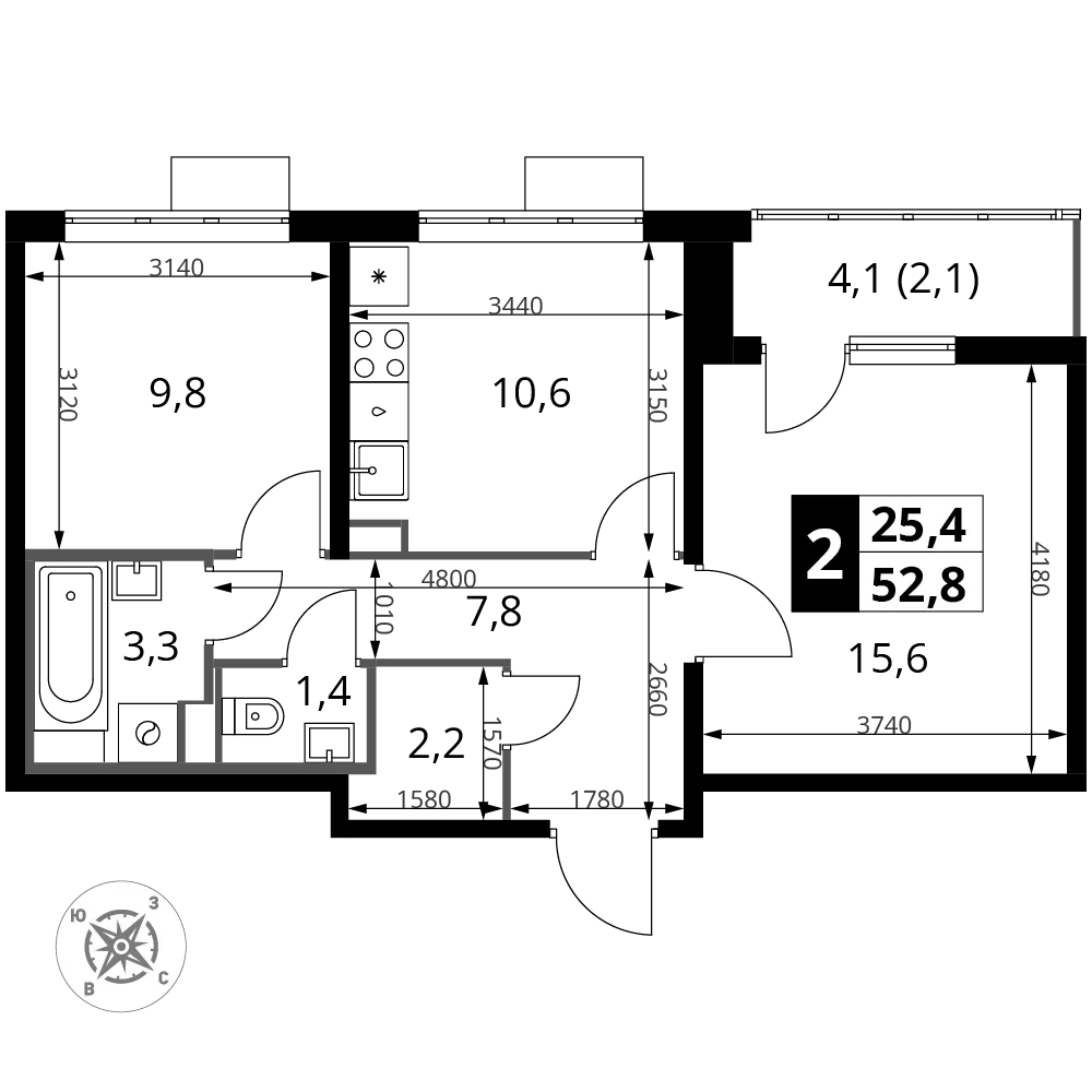 Планировка 2-комн. квартира, 52.8 м² ЖК «Южная Битца»