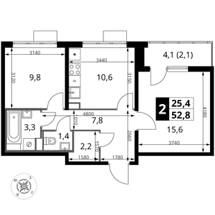 Планировка 2-комн. квартира, 52.8 м² ЖК «Южная Битца»