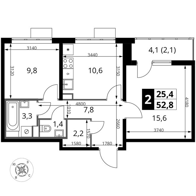 Планировка 2-комн. квартира, 52.8 м² ЖК «Южная Битца» Планировка 2-комн. квартира, 52.8 м² ЖК «Южная Битца»