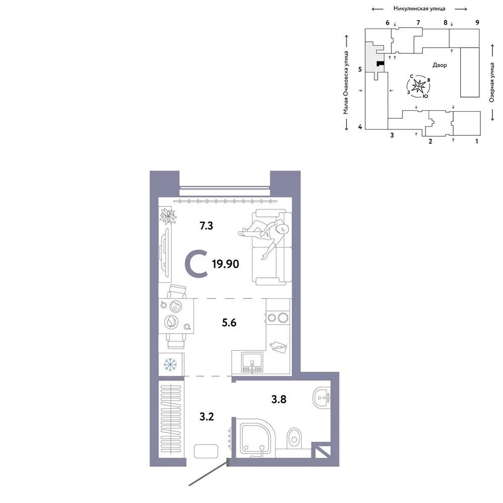 Планировка Студия, 19.9 м² ЖК «Страна.Озёрная»