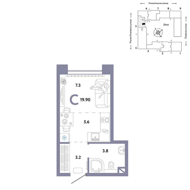 Планировка Студия, 19.9 м² ЖК «Страна.Озёрная» Планировка Студия, 19.9 м² ЖК «Страна.Озёрная»