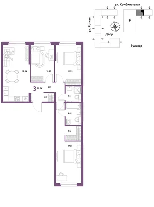 Планировка 3-комн. квартира, 78.59 м² ЖК «Уральский сад»