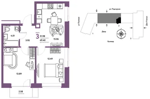 Планировка 3-комн. квартира, 52.07 м² ЖК «Авторский»