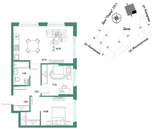 Планировка 2-комн. квартира, 66.5 м² ЖК «Страна.Парковая»