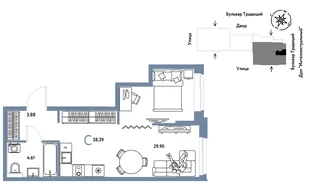 Планировка Студия, 38.39 м² ЖК «Микрорайон Домашний»