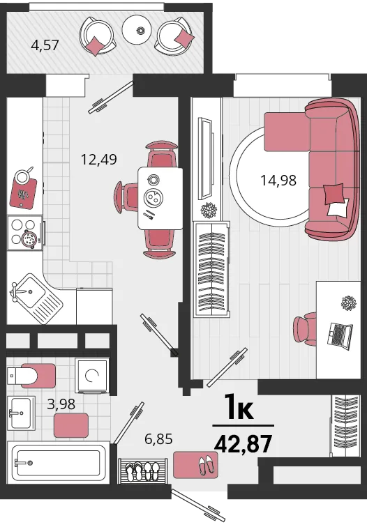Планировка 1-комн. квартира, 42.87 м² ЖК «Родные просторы»