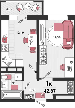 Планировка 1-комн. квартира, 42.87 м² ЖК «Родные просторы»