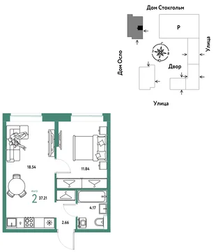 Планировка 2-комн. квартира, 37.21 м² ЖК «Европейский берег 2.0»