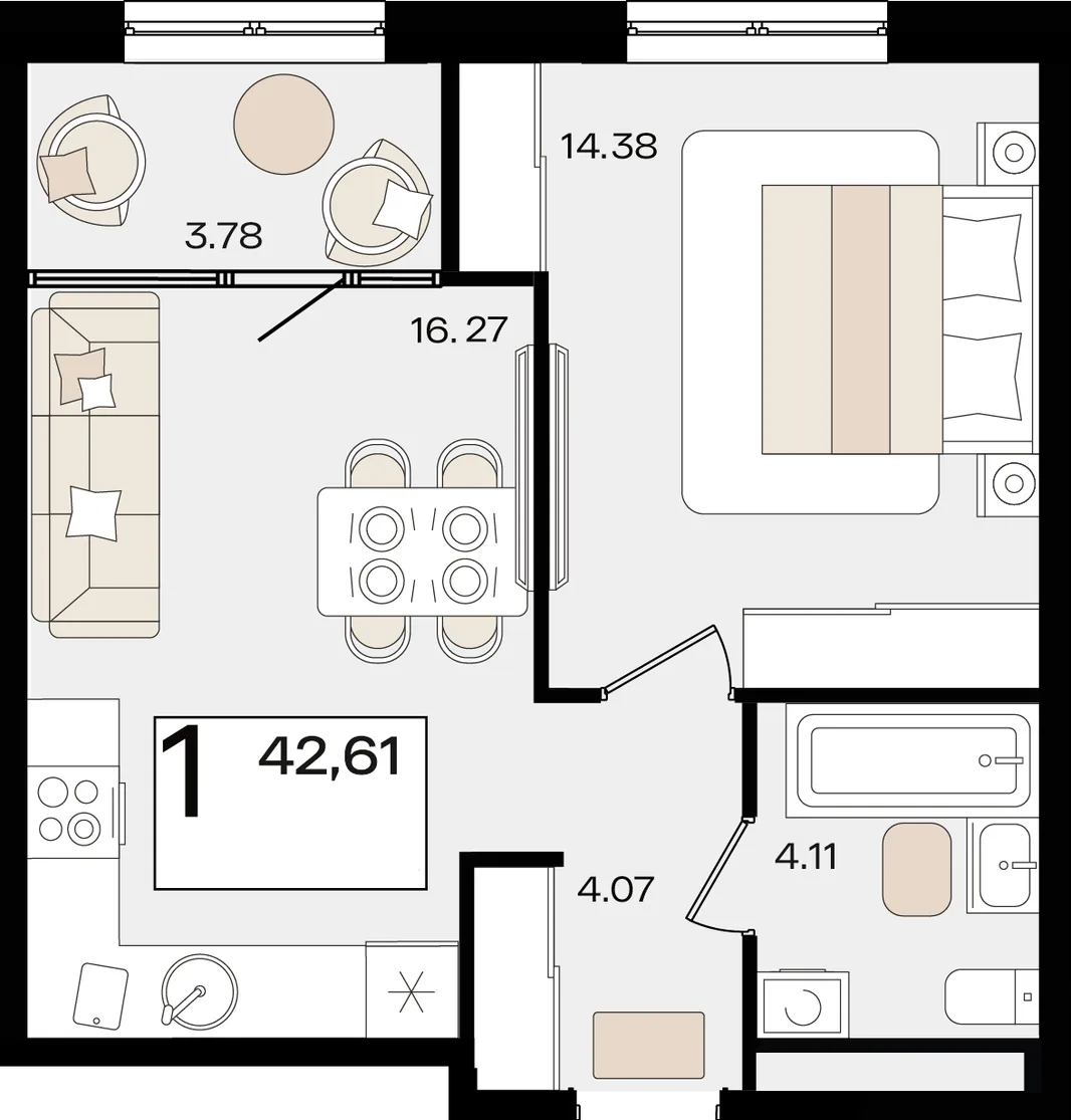 Планировка 1-комн. квартира, 42.61 м² ЖК «Патрики»