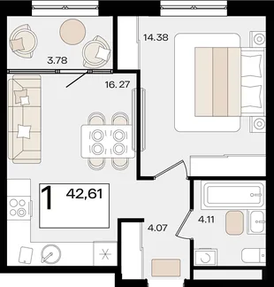 Планировка 1-комн. квартира, 42.61 м² ЖК «Патрики»