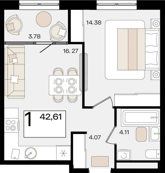 Планировка 1-комн. квартира, 42.61 м² ЖК «Патрики» Планировка 1-комн. квартира, 42.61 м² ЖК «Патрики»