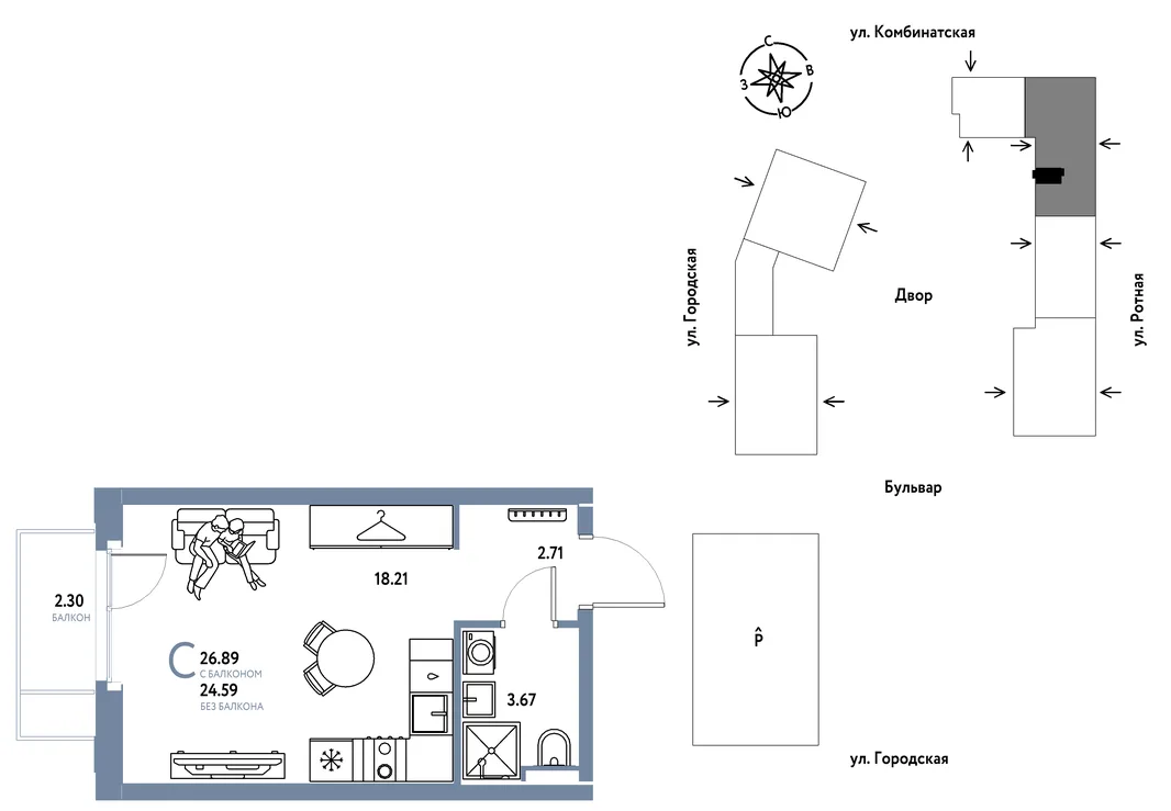 Планировка Студия, 26.89 м² ЖК «Уральский сад»