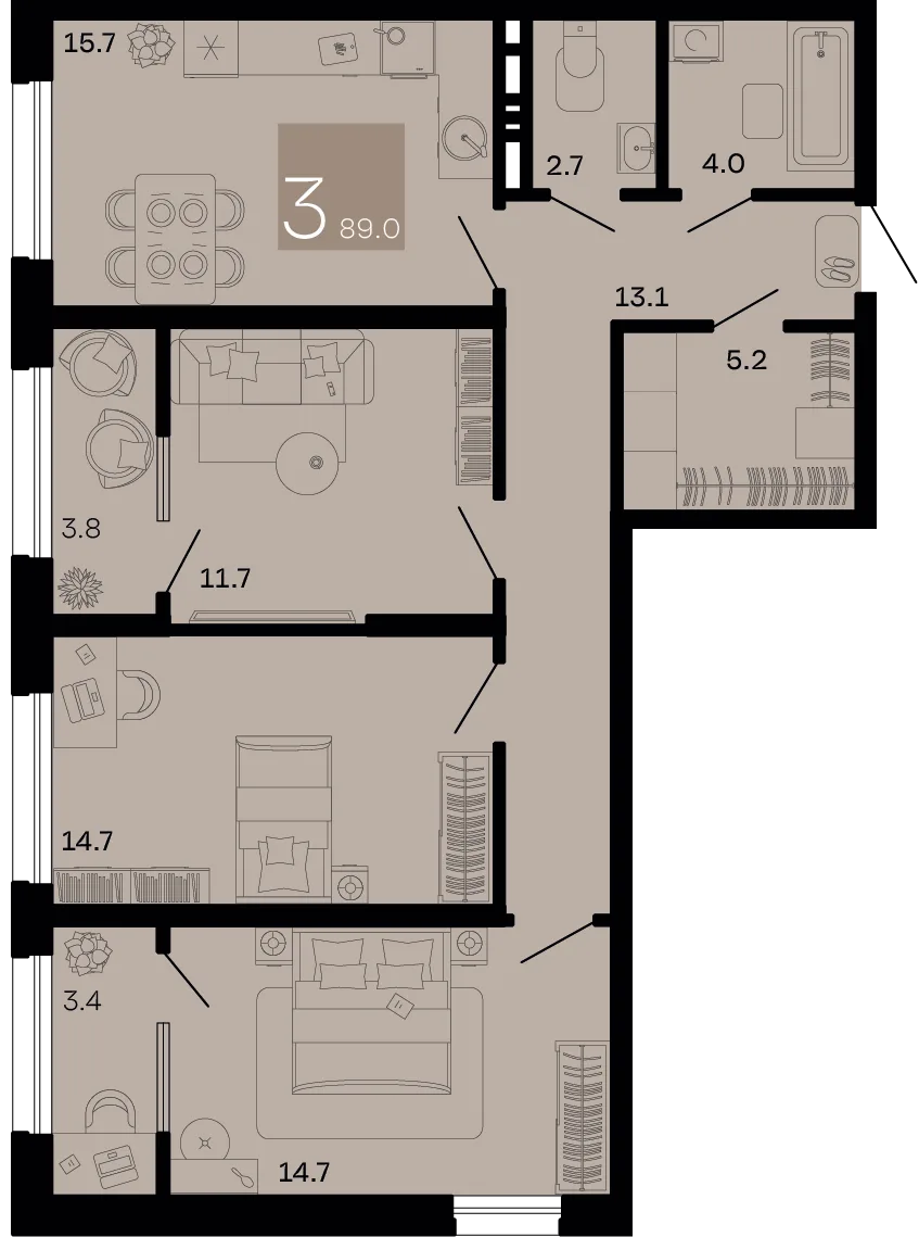 Планировка 3-комн. квартира, 89 м² ЖК «Хозяин морей»