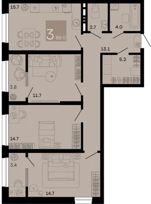 Планировка 3-комн. квартира, 89 м² ЖК «Хозяин морей»