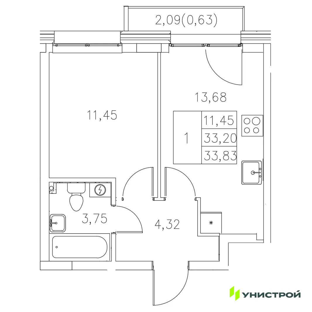 Планировка 1-комн. квартира, 33.83 м² ЖК «Statum»