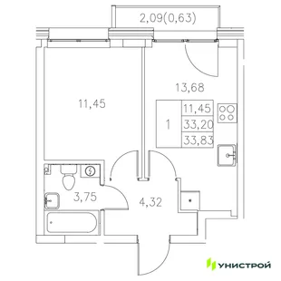 Планировка 1-комн. квартира, 33.83 м² ЖК «Statum»