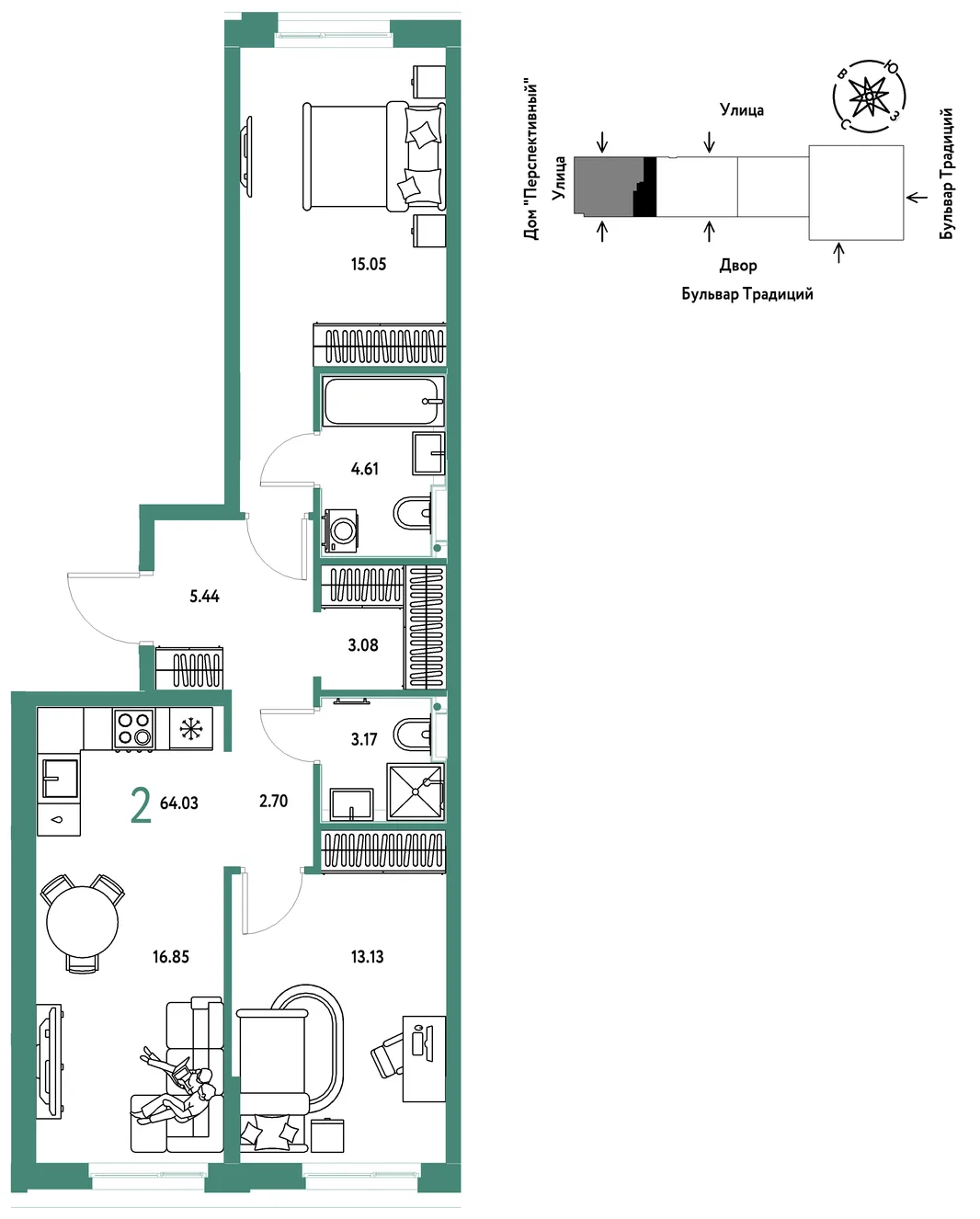 Планировка 2-комн. квартира, 64.03 м² ЖК «Микрорайон Домашний»