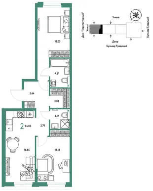 Планировка 2-комн. квартира, 64.03 м² ЖК «Микрорайон Домашний»