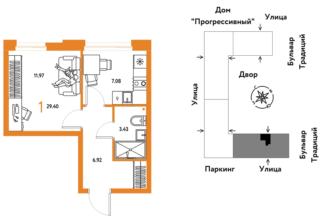 Планировка 1-комн. квартира, 29.4 м² ЖК «Микрорайон Домашний»