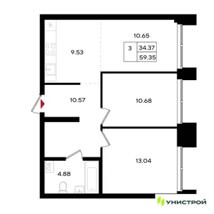 Планировка 3-комн. квартира, 59.35 м² ЖК «Уникум на Энгельса»